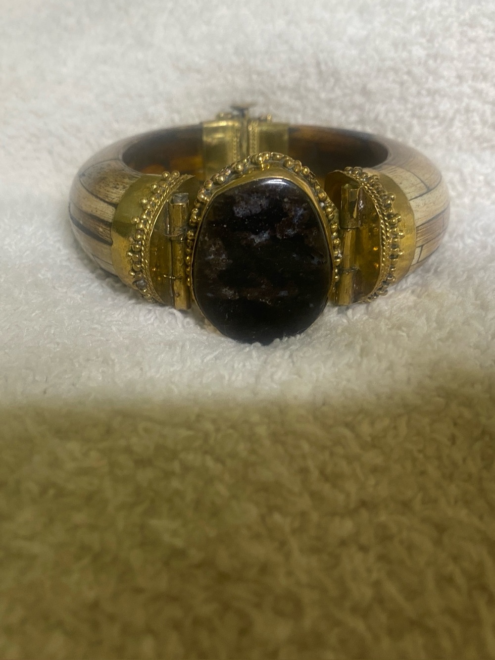 Brass beaded metal  Bracelet with Dark brown  Stone Center
